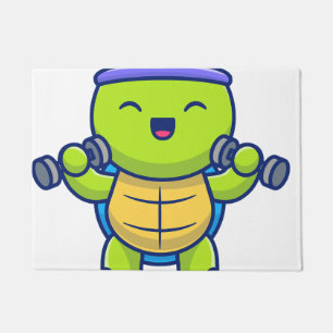 Cute Turtle Lifting Dumbbells Cartoon Illustration Doormat