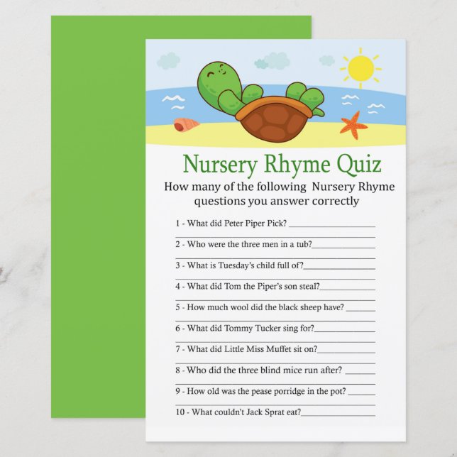 Cute Turtle Nursery Rhyme Quiz baby shower game (Front/Back)