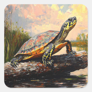 Cute Turtle on a Log Everglades Painting Square Sticker