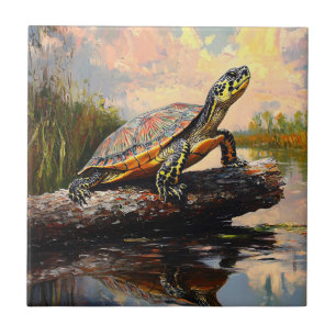 Cute Turtle on a Log Everglades Painting Tile