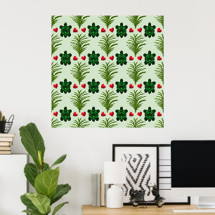Cute Turtle Pattern Aesthetic   Tropical Leaves Bu Poster
