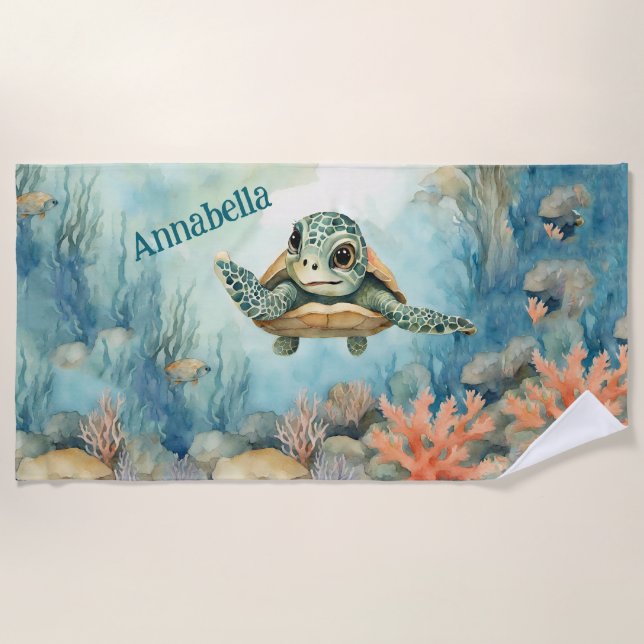 Cute Turtle Personalized  Beach Towel (Front)