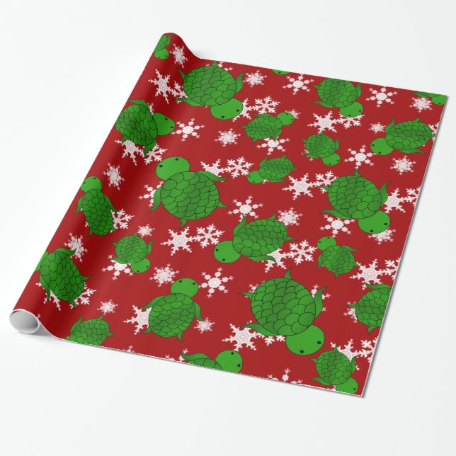 Cute turtle red snowflakes wrapping paper (Unrolled)