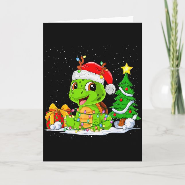 Cute Turtle Santa Christmas Tree Lights Xmas Pajam Card (Front)