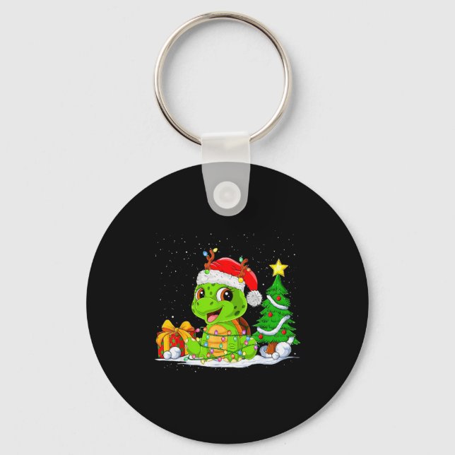 Cute Turtle Santa Christmas Tree Lights Xmas Pajam Keychain (Front)