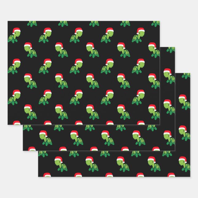 Cute Turtle Sea Animal Merry Christmas Santa Claus Wrapping Paper Sheet (Set)