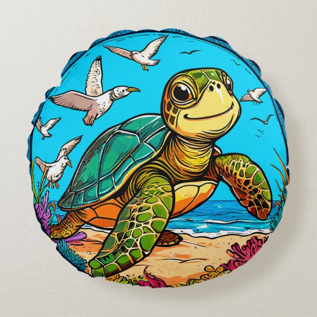🐢 Cute Turtle Seagulls Ocean Beach Fun Design Round Pillow (Front)