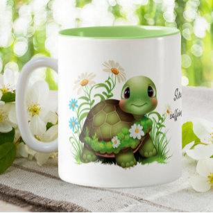 Cute Turtle Slow & Steady Funny Quote Personalized Two-Tone Coffee Mug