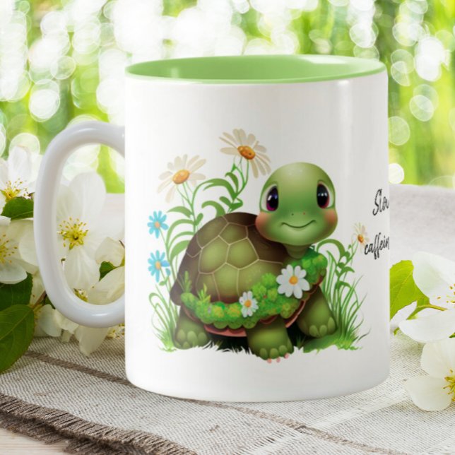 Cute Turtle Slow & Steady Funny Quote Personalized Two-Tone Coffee Mug (Creator Uploaded)