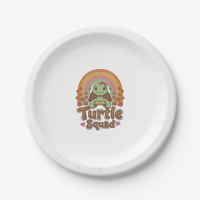 Cute Turtle Squad Rainbow Floral Vector Design_1 Paper Plate (Front)