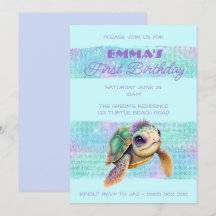 Cute Turtle Summer Beach Aqua 1st Birthday