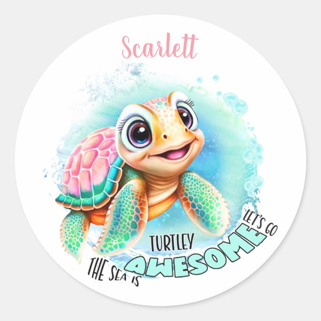 Cute Turtle Summer Name Girl  Classic Round Sticker (Front)