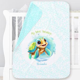 Cute Turtle Summer Personalized Name Turquoise Baby Blanket