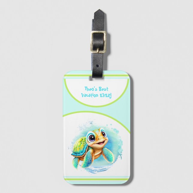 Cute Turtle Summer Vacation Personalized Boy  Luggage Tag (Front Vertical)