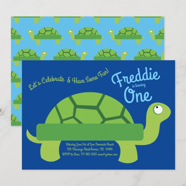 Cute Turtle Tortoise Kids 1st Birthday Party Invitation (Front/Back)