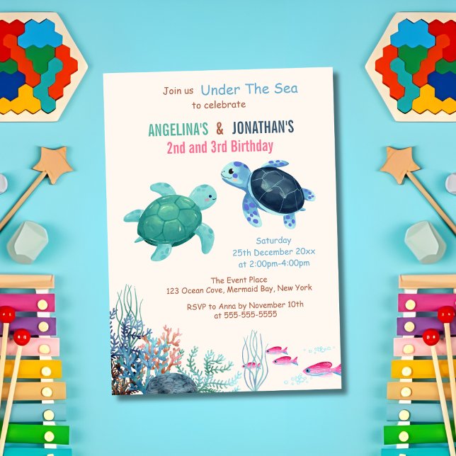 Cute Turtle Under The Sea Joint Birthday Invitation (Creator Uploaded)