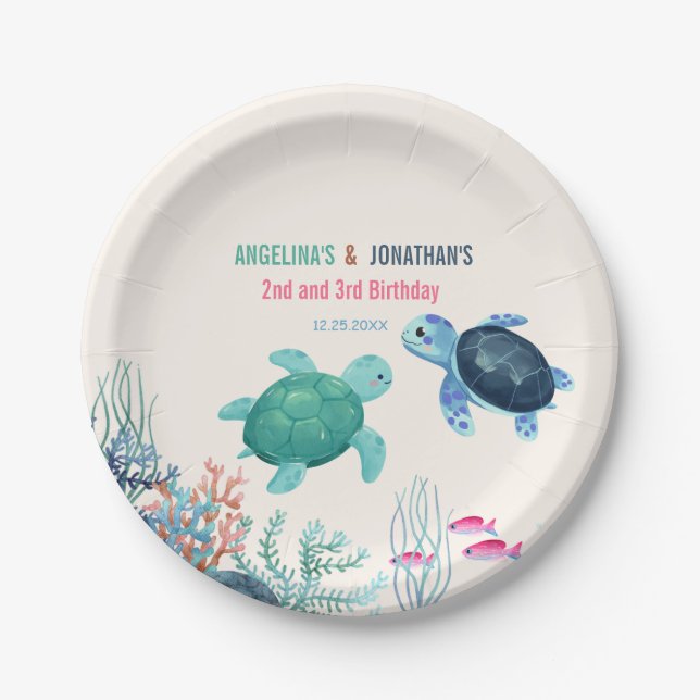 Cute Turtle Under The Sea Joint Birthday Paper Plate (Front)