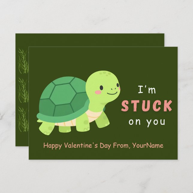 Cute Turtle Valentine Pun Card – I’m Stuck on You (Front/Back)