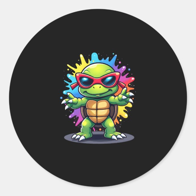Cute Turtle Wearing Sunglasses Paint Splash Sea An Classic Round Sticker (Front)