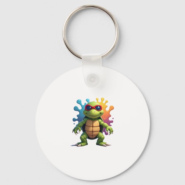 Cute Turtle Wearing Sunglasses Paint Splash Sea An Keychain (Front)