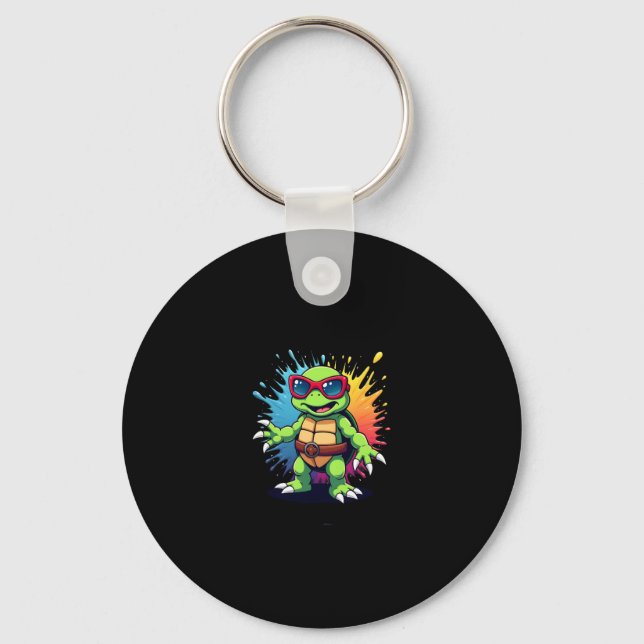 Cute Turtle Wearing Sunglasses Paint Splash Sea An Keychain (Front)