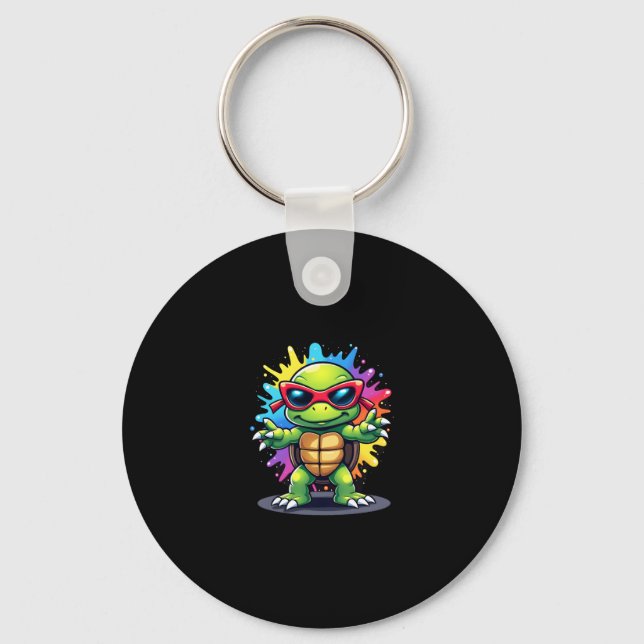 Cute Turtle Wearing Sunglasses Paint Splash Sea An Keychain (Front)