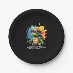 Cute Turtle Wearing Sunglasses Paint Splash Sea An Paper Plate