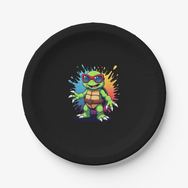 Cute Turtle Wearing Sunglasses Paint Splash Sea An Paper Plate (Front)