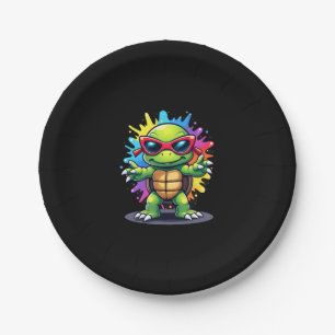 Cute Turtle Wearing Sunglasses Paint Splash Sea An Paper Plate