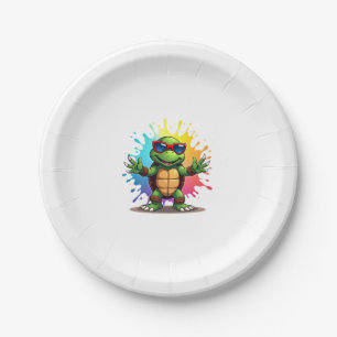 Cute Turtle Wearing Sunglasses Paint Splash Sea An Paper Plate