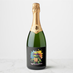 Cute Turtle Wearing Sunglasses Paint Splash Sea An Sparkling Wine Label