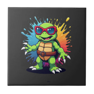 Cute Turtle Wearing Sunglasses Paint Splash Sea An Tile