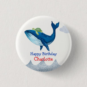 Cute turtle Whale racing  ocean Birthday party 1 Inch Round Button