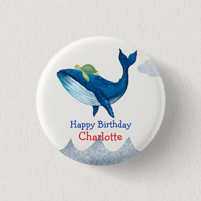 Cute turtle Whale racing  ocean Birthday party 1 Inch Round Button (Front)
