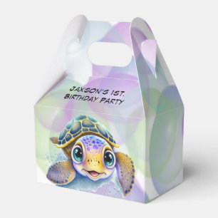 Cute Turtle with Bubbles 1st. Birthday Party Favor Box