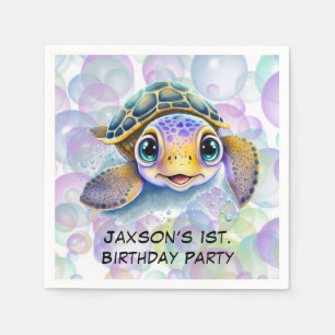 Cute Turtle with Bubbles 1st. Birthday Party Napkin