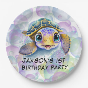 Cute Turtle with Bubbles 1st. Birthday Party Paper Plate