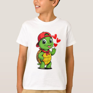 Cute Turtle with Hat and Hearts Cartoon Animals T-Shirt