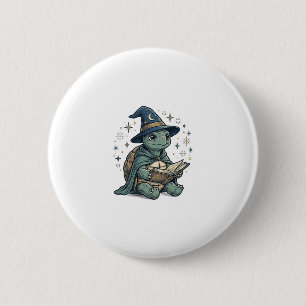 Cute Turtle Wizard Reading Spellbook Vector Design 2 Inch Round Button