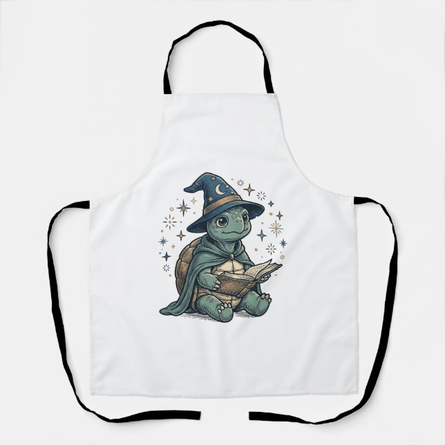Cute Turtle Wizard Reading Spellbook Vector Design Apron (Front)