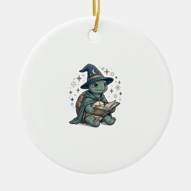 Cute Turtle Wizard Reading Spellbook Vector Design Ceramic Ornament (Front)