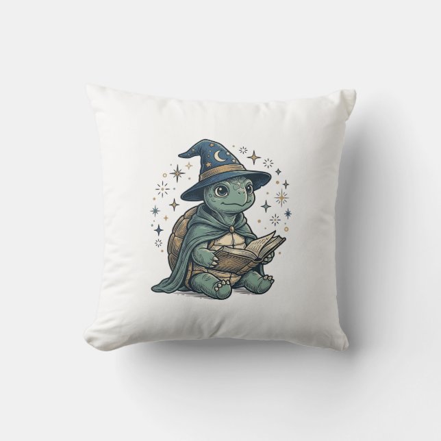 Cute Turtle Wizard Reading Spellbook Vector Design Throw Pillow (Front)