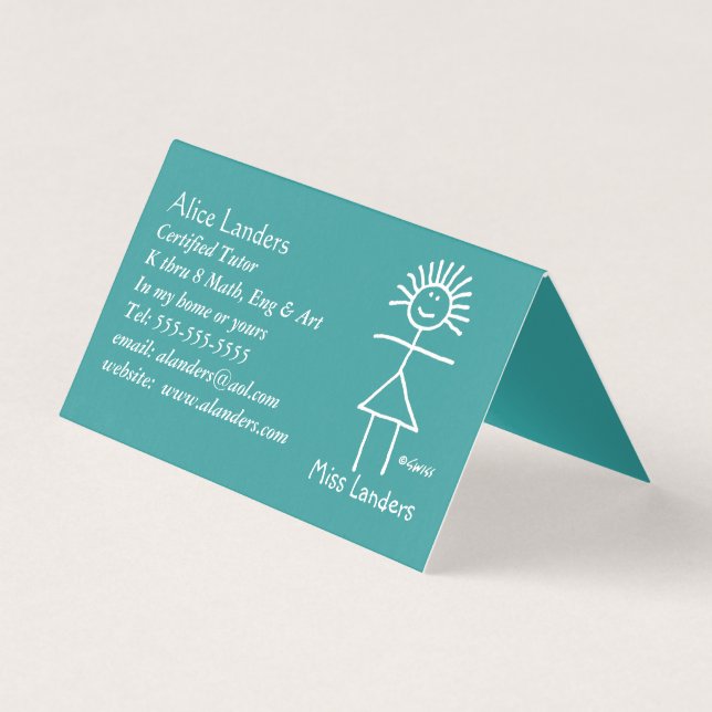 Cute Tutor Teacher Chalk Stick Figure on Green   Business Card (Front)