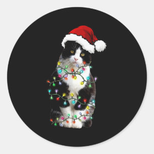 Cute Tuxedo Black Cat Christmas Light Cat Christma Classic Round Sticker