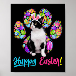 Cute Tuxedo Cat And Bunny Ears Easter Eggs Cat Paw Poster