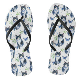 Cute Tuxedo Cat and Butterflies Flip Flop