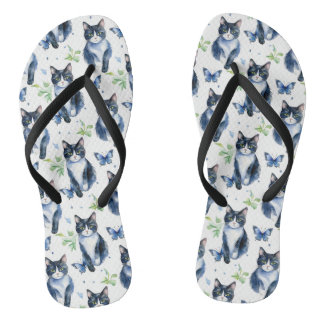 Cute Tuxedo Cat and Butterflies Flip Flop