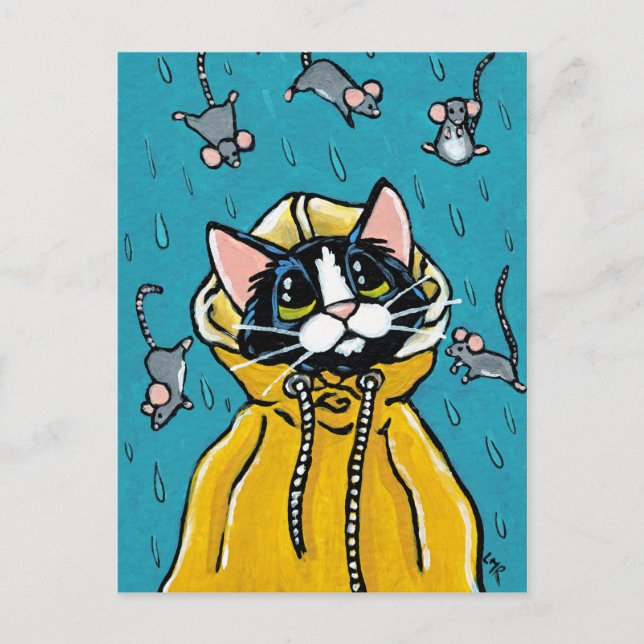 Cute Tuxedo Cat and Raining Mice Illustration Postcard (Front)