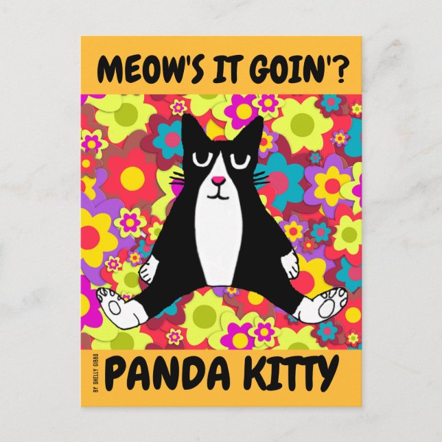 CUTE TUXEDO CAT ART, PANDA KITTY SITTING UP POSTCARD (Front)