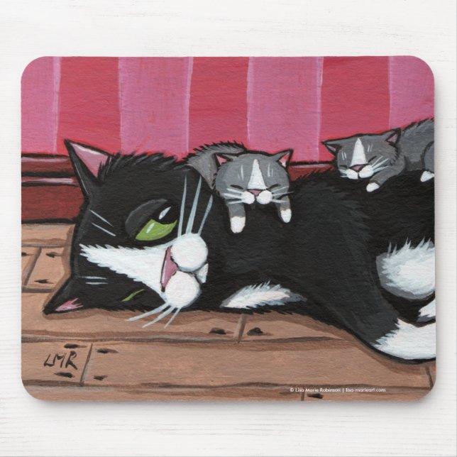 Cute Tuxedo Cat Babysitting Kittens Mousepad (Front)